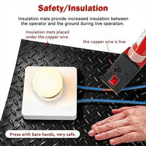 Heavy Duty Insulating Rubber Electrical Safety Mat Built Like A Tank For Real Deal High Voltage Protection And Slip Resistant Flooring That Keeps Every Tradesman Locked In All Day with copper wire and operator's hands on mat.