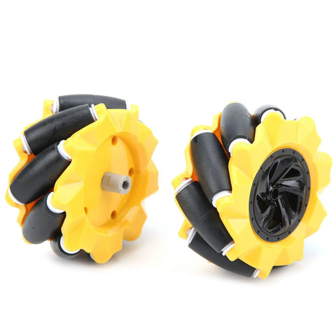 Mecanum wheel pair with yellow housing and rubber-coated black rollers, 80mm diameter for TT geared motor