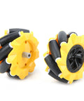Two yellow 80mm mecanum wheels with black rollers and gray hubs, angled side view.