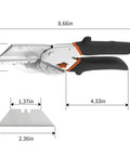 Multi-angle miter shear cutter set adjustable 45 to 135 degrees with aluminum handle and replaceable blade dimensions shown