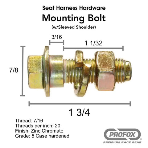 Heavy Duty Seat Belt Harness Mounting Bolt Set With Sleeved Shoulder For Lap And Shoulder Belts Includes Bolt Nut And Lock Washer Case Hardened Zinc Chromate Finish 7/16 x 20 Thread