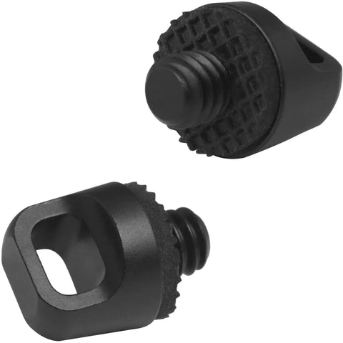 Set Of Two Quick Release Camera Strap Screws Featuring A 1/4 Inch Mount With Plush Rubber Buffers For A No Sweat Easy Snap On Upgrade To Your Dslr Or Mirrorless Rig In Black image showing compact black screws with rubber buffers.