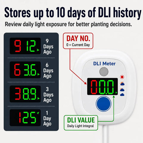 Smart Sunlight Meter For Gardens And Landscapes That Classifies Daily Light Integral To Identify Full Sun Partial Sun Partial Shade And Shade With A 10 Day DLI History And Clear Digital Display on white plastic screen