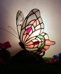 Tiffany Style Stained Glass Butterfly Table Lamp With Pink Butterfly Accent, Small Desk Lamp 7 X 9.8 X 5 Inches against dark background