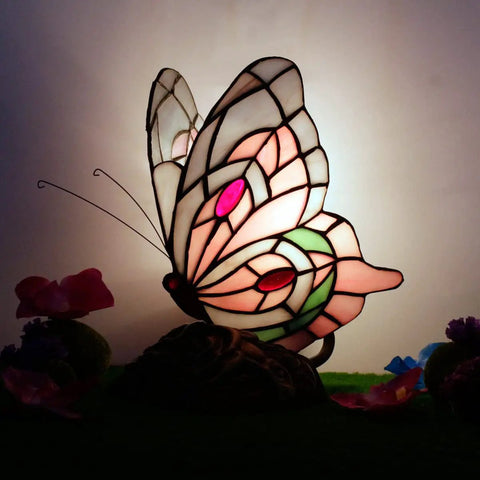Tiffany Style Stained Glass Butterfly Table Lamp With Pink Butterfly Accent, Small Desk Lamp 7 X 9.8 X 5 Inches against dark background