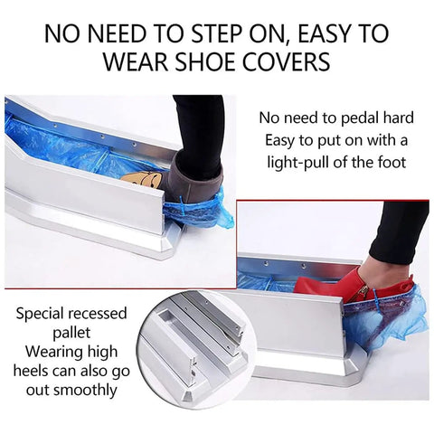 Top Tier Automatic Shoe Cover Dispenser With Disposable Plastic Booties For Cleanrooms And Home Offices No Cord Drama Pull Operated, easy foot pull to wear shoe covers.