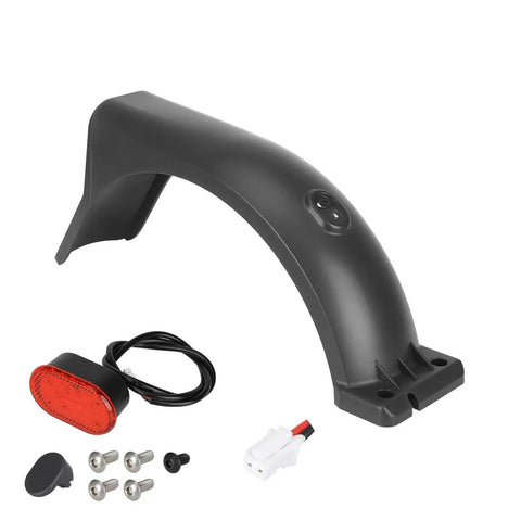 Electric Scooter Rear Mudguard With Taillight Widened Mud Guard Protection Plate Includes Installation Screws For Scooters Spare Part With LED Light Easy Install In Minutes Keeps Mud And Water Off You On Rainy Rides, shown with taillight and screws