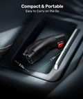Road Trip Ready Tesla To J1772 Adapter 60 Amp 250 Volt Nacs Connector Ip65 Waterproof Ul Rated Level 2 Ev Charger in car compartment.