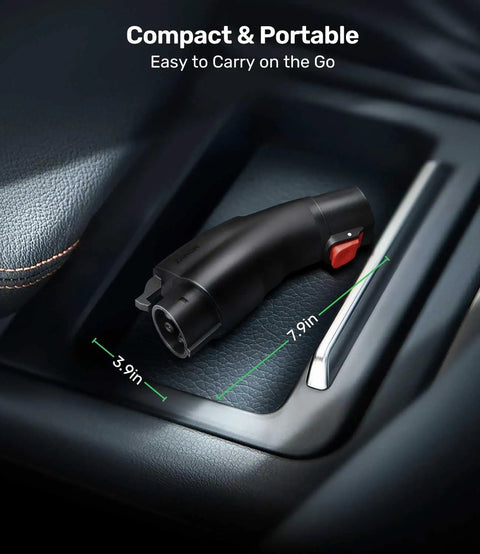 Road Trip Ready Tesla To J1772 Adapter 60 Amp 250 Volt Nacs Connector Ip65 Waterproof Ul Rated Level 2 Ev Charger in car compartment.