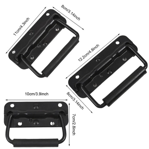 Black spring loaded flush pull handle kit for tool boxes and cabinets, heavy duty metal hardware, measures 11cm x 8cm and 12.2cm x 8cm.