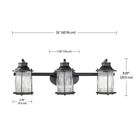 All In One Bathroom Set With Oil Rubbed Bronze 3 Light Vanity Fixture, Seeded Glass Shades, Modern Coastal Style, 24 inches wide