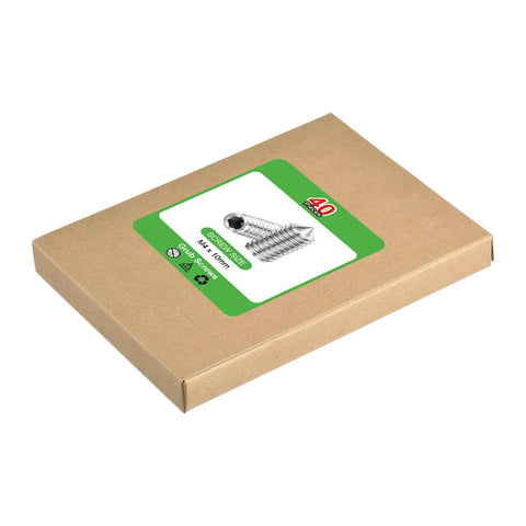 Top Shelf M4x10mm Grub Screws Set contains 40 pieces of 304 stainless steel cone point in packaging for machinery and home jobs.