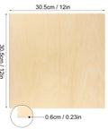 Basswood board, 12-inch square, 0.6 cm thick, light wood grain.