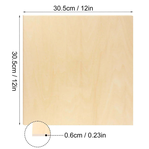 Basswood board, 12-inch square, 0.6 cm thick, light wood grain.