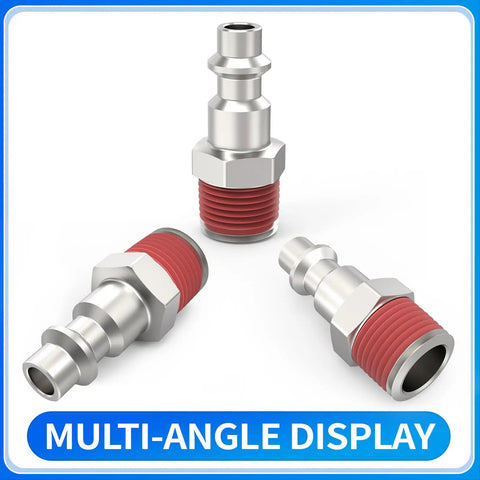 Heavy Duty Industrial Air Plug Set For Air Compressors One Quarter Inch Body Size Three Eighths Inch NPT Male Pneumatic Plugs Five Pack Beefy Hardened Steel With Nickel Plating Interchangeable With Most Quick Connects displayed in three angles