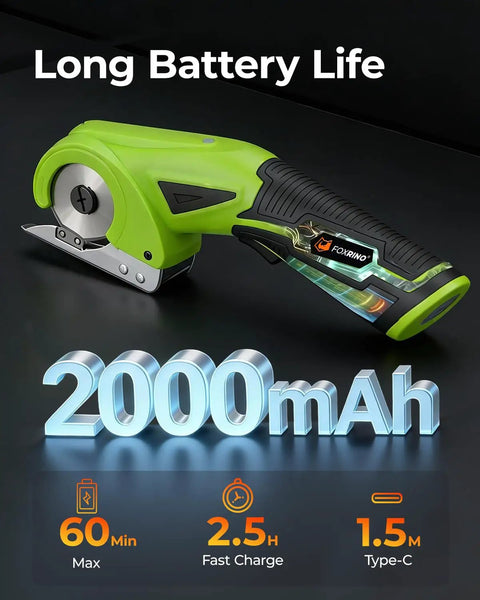 Cordless Electric Cardboard Cutter And Heavy Duty Power Scissors With 350Rpm High Torque Motor and 3 Tough Alloy Blades showing long battery life, 2000mAh, fast charge.