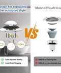 Universal Pop Up Bathtub Drain Stopper And Hair Catcher Features Smart Filter Basket top view comparison with outdated designs.
