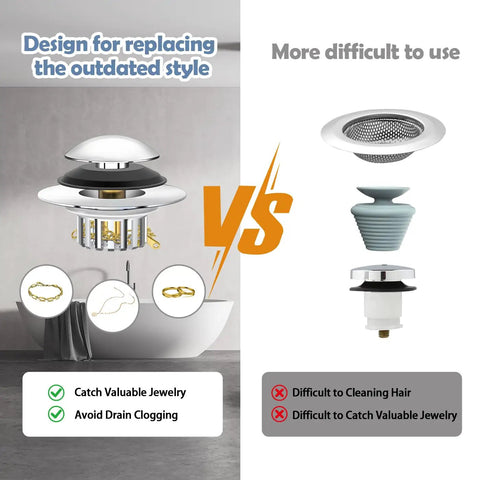 Universal Pop Up Bathtub Drain Stopper And Hair Catcher Features Smart Filter Basket top view comparison with outdated designs.