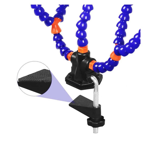 Close-up of Third Hand Soldering Table Clamp with magnifier, flexible gooseneck arms, and stainless steel clips for welding.