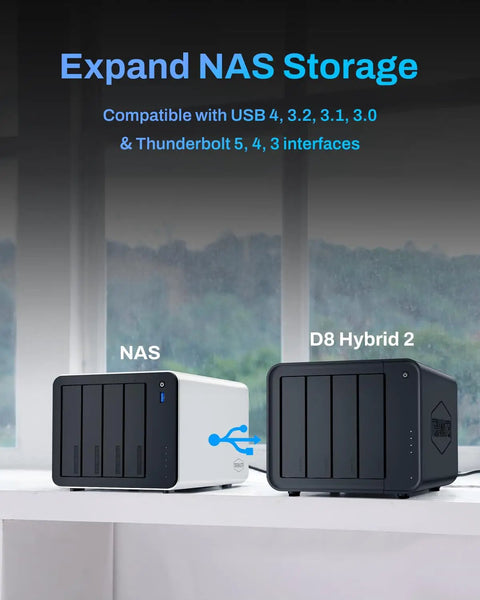 Heavy Duty Hybrid Storage Enclosure Featuring Four Sata Drive Bays And Four Nvme Slots For Up To 152TB Of Rock Solid Speed Plus Complimentary Backup Software For Any Creator Ready To Bulk Up Their Data Stack Smoothly on a windowsill.