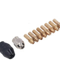 Super Cool Hilitand Brass Drill Chuck Adapter With Keyless Design And Eight Sweet Collet Sizes From One Thirty Second To One Eighth Inch For Woodworking And Engraving Projects That Are Totally Awesome, featuring 8 brass collets and 2 adapters.