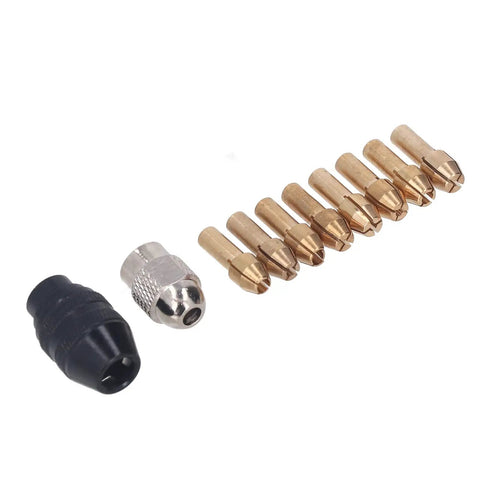 Super Cool Hilitand Brass Drill Chuck Adapter With Keyless Design And Eight Sweet Collet Sizes From One Thirty Second To One Eighth Inch For Woodworking And Engraving Projects That Are Totally Awesome, featuring 8 brass collets and 2 adapters.