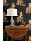 Benjamin Franklin Pvc Free Vintage Hero Wallpaper Featuring Dang Tough Polyester Blend And Rugged Linen Texture Built For High Traffic Zones With Zero Fuss Paste To Paper Install on wall behind lamp and table.