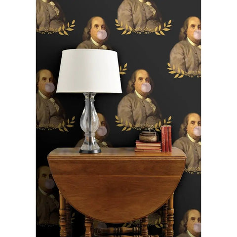 Benjamin Franklin Pvc Free Vintage Hero Wallpaper Featuring Dang Tough Polyester Blend And Rugged Linen Texture Built For High Traffic Zones With Zero Fuss Paste To Paper Install on wall behind lamp and table.