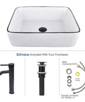 Dope White Ceramic Above Counter Vessel Sink Combo With Black Faucet And Pop Up Drain 19 By 15 Inches Rectangular Porcelain Basin