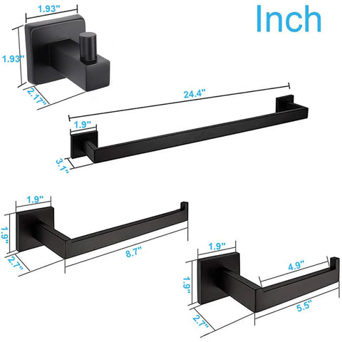 Built To Last 4 Piece Matte Black Stainless Steel Bathroom Hardware Set Includes 24 Inch Towel Bar Hand Towel Holder Toilet Paper Holder And Wall Hooks Thick SUS304 Rust Resistant Finish For Modern Homes with dimensions shown.
