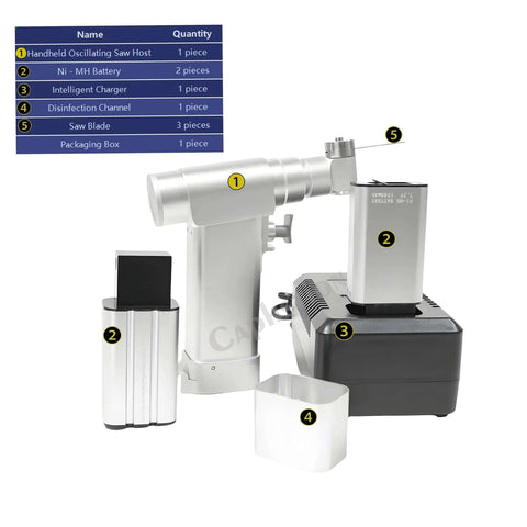 Top Shelf Mini Electric Bone Drill And Oscillating Saw For Veterinary Surgery Featuring Hella Quiet Low Noise Operation and parts with battery, charger, and saw blade.
