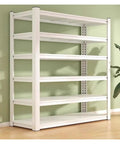 Beefy Six Tier Heavy Duty Metal Shelving Rack With No Sweat No Screw Snap Together Assembly For Clutter Free Garage Pantry Basement Or Home Office Storage, white metal rack against green wall.