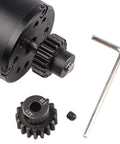 Mod 1 Hardened Steel RC Motor Pinion Gear Set, 5-Pack for 1/8 Scale RC Cars shown with 5mm shaft and tool