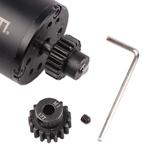 Mod 1 Hardened Steel RC Motor Pinion Gear Set, 5-Pack for 1/8 Scale RC Cars shown with 5mm shaft and tool