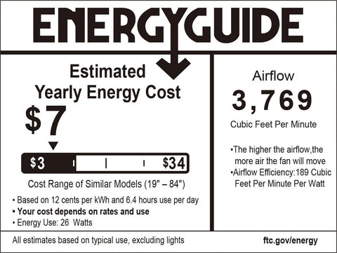 Energy guide label for a ceiling fan showing estimated yearly energy cost of $7 and airflow of 3,769 CFM.