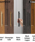 6 Pack Vintage Kitchen Cabinet Handles Antique Brass Bar Pulls With 5 Inch Hole Center showcased in various finishes on wood panels.