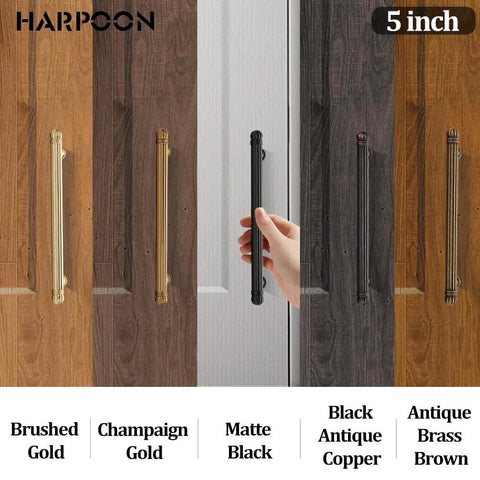 6 Pack Vintage Kitchen Cabinet Handles Antique Brass Bar Pulls With 5 Inch Hole Center showcased in various finishes on wood panels.