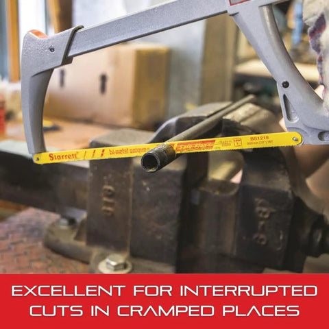 Bi Metal Safe Flex Hand Hacksaw Blade 12 Inch Long 1/2 Inch Wide 0.024 Inch Thick 24 TPI high speed steel in use on a metal saw
