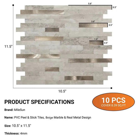 Beige Marble Peel And Stick Backsplash Tiles With Real Metal Look Easy Install DIY Friendly 10 Sheets 10.5 By 11.5 Inches detail