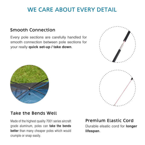 Replacement Tent Poles Three Eighths Inch Nine Point Five Millimeter Fits Male And Female Ends Lightweight Aluminum Alloy Tent Pole Repair Kit 7001 Aluminum Twenty Feet One Pole Pack For Camping Gear And Tents showing details of connection and flexibility with elastic cord.