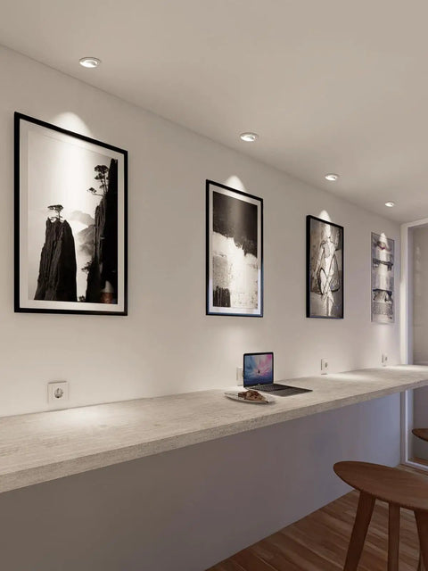 Modern room with 4 Inch LED Gimbal Retrofit Recessed Lighting Kit, Dimmable, 5 CCT Selectable 2700K To 5000K, highlighting art