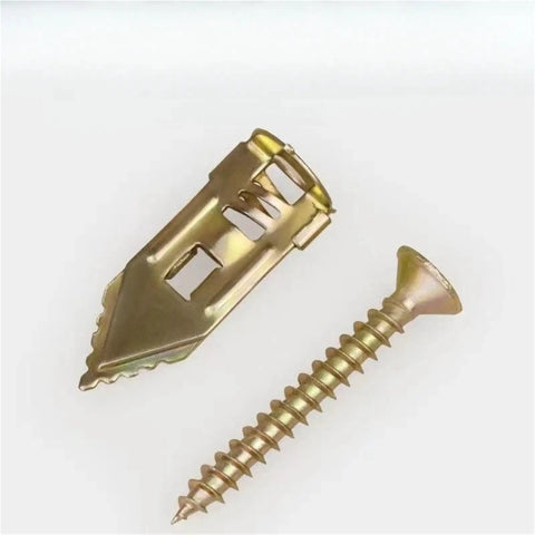 Self Drilling Drywall Anchor Kit With 120 Pieces Wall Plugs For Gypsum Board Heavy Duty Yellow Zinc Plated Carbon Steel Screws That Resist Rust And Wear Easy No Prep Install For Shelves TV Mounts Mirrors And Other Wall Mounts, close-up of anchor and screw