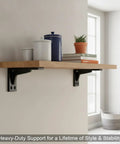 Beefy Shelf Brackets For Wall Mounts, Triangular L-Brackets supporting wooden shelf with decor items in a bright room