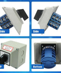 Beefy 40A Rotary Changeover Switch With Exterior Box, 3 Position, 3 Pole, 12 Terminals, IP65 Cam Box, Side and Top Views
