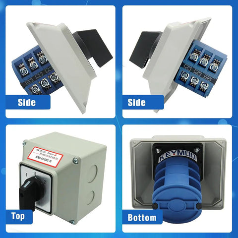 Beefy 40A Rotary Changeover Switch With Exterior Box, 3 Position, 3 Pole, 12 Terminals, IP65 Cam Box, Side and Top Views