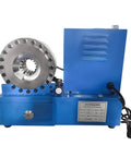 Heavy Duty Electric Hydraulic Hose Crimper Machine With 9 Die Sets Crushes R1 And R2 Hoses Quarter To One Inch, blue machine with stainless die.