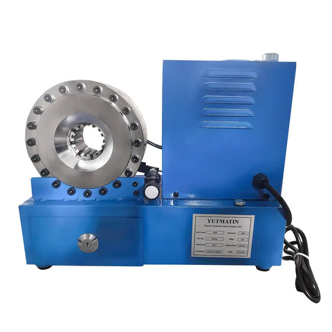Heavy Duty Electric Hydraulic Hose Crimper Machine With 9 Die Sets Crushes R1 And R2 Hoses Quarter To One Inch, blue machine with stainless die.