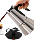 Electric Aluminum Moka Pot For 5 To 6 Cup Espresso Maker With Detachable Base Quick Plug In Home Coffee Barista Vibe Mocha Pot Italian And Cuban Café Coffeemaker Espresso Pot Black shown pouring coffee into a cup.