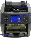 Top Pick Money Counter Machine With Legit Counterfeit Bill Detector showing LCD display, control panel, and banknotes.