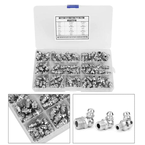 Open case showing Steel Grease Zerk Nipple Fitting Set 115 Pieces Metric Hydraulic Zerk Fittings Kit, organized in sections.